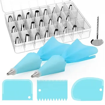 

33Pcs Cake Decorating Supplies Kit 24pcs Multiple Types Stainless Icing Tips Piping Nozzles Scrapers Pastry Baking Tools