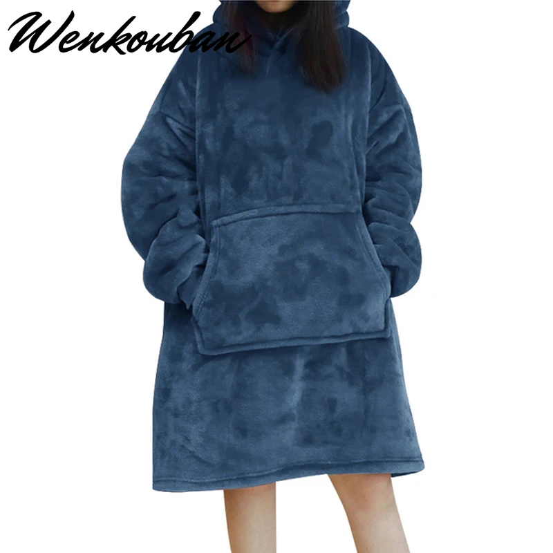 blue Women Hoodies Sweatshirts Plush Hoodies Warm Sweatshirt winter Hooded Coats Soft Bathrobe Fleece Blanket Moletom Feminino - Цвет: blue