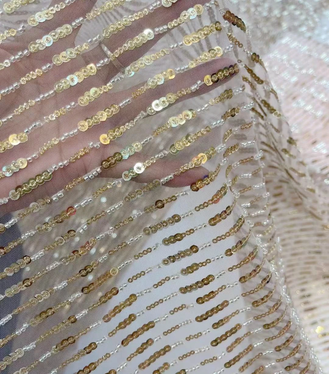 

New arrivals gold sequins with beads embroidery lace fabric Fashion women's cheongsam wedding dress lace fabric