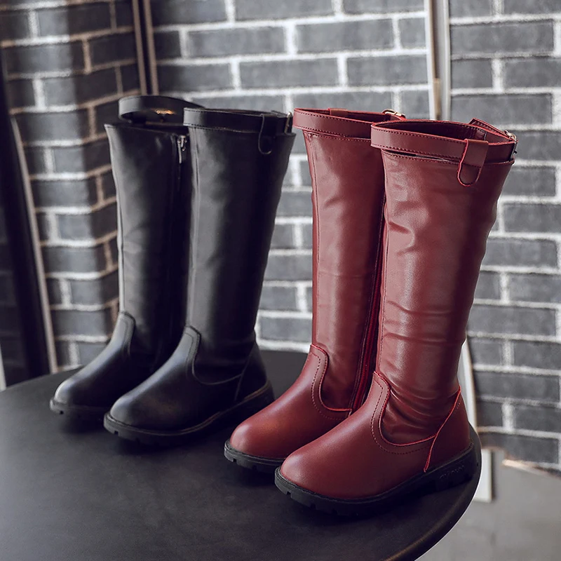 Осенне-зимние новые детские сапоги до середины икры с круглым носком и узкими лентами детская обувь для девочек Нескользящие модные ботинки размеры 27-37