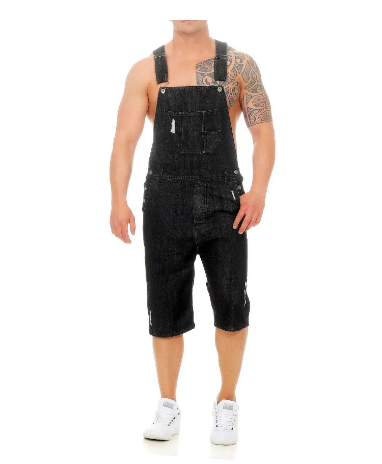 Men Denim Bib Overalls Shorts Ripped Jeans Jumpsuits Sleeveless Male Casual Working Protective Uniforms Summer Black Blue Safe (7)