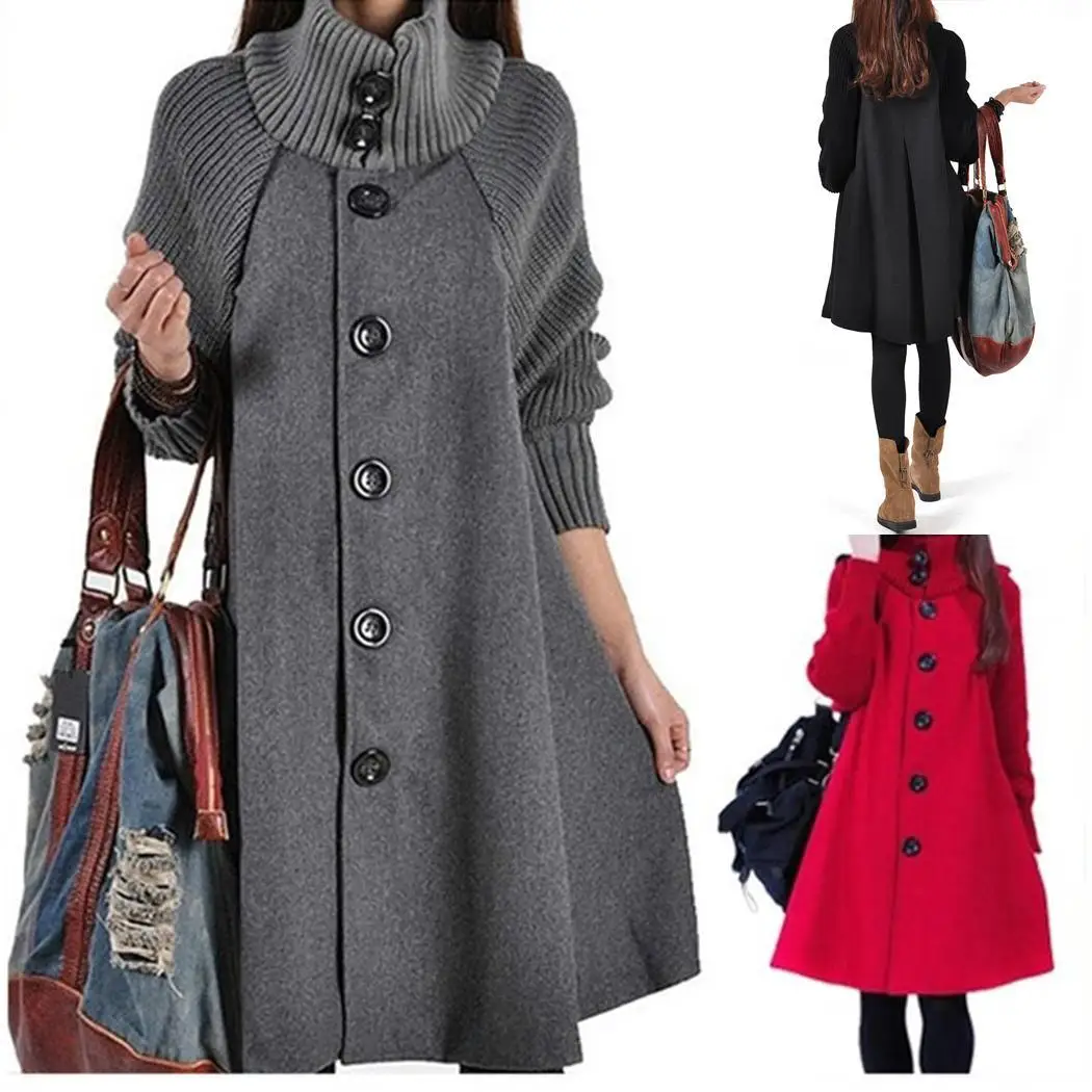 Goedkoop Vrouwen Casual Stand Kraag Lantaarn Mouw Knop Patchwork Lange Jurk Casual, Straat, Outdoor, etc Jas Winter