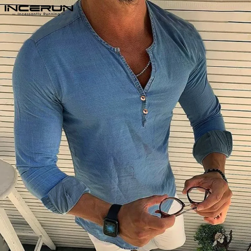 INCERUN Autumn Fashion Men Solid V Neck Long Sleeve Denim Shirt Casual Social Slim Fitness Streetwear Mens Jeans Blouse Pullover INCERUN Autumn Fashion Men Solid V Neck Long Sleeve Denim Shirt Casual Social Slim Fitness Streetwear Mens Jeans Blouse Pullover