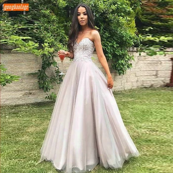 

Fashion Light Pink Evening Gowns Long 2020 Sweetheart Appliqued Lace Tulle A Line Formal Dress Women Custom Made Evening Dresses