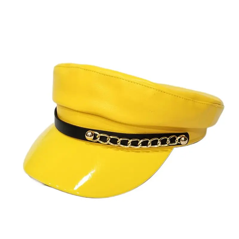 Британский стиль, Ретро стиль, искусственная кожа, берет, шапка, блестящая, одноцветная, для женщин, девочек, газетная шапка с козырьком, темно-синяя шапка с металлической цепочкой - Цвет: Цвет: желтый
