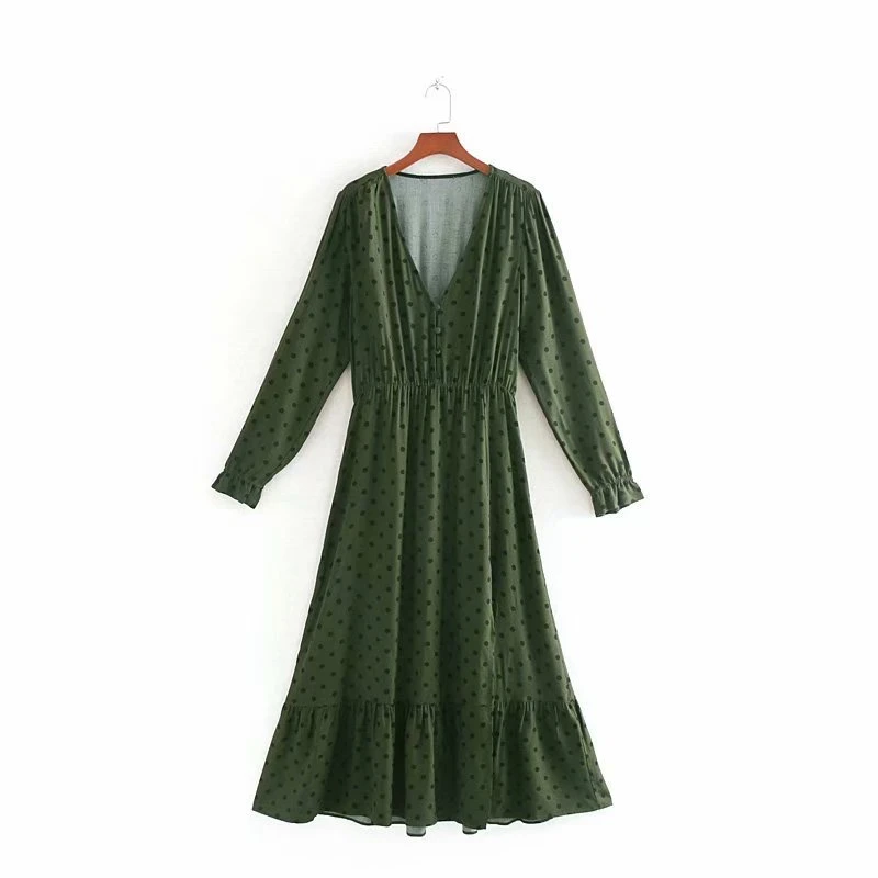 Tangada, женское зеленое платье миди в горошек, с длинным рукавом, v-образный вырез, эластичная талия, винтажное женское платье, vestidos CE117 - Цвет: Зеленый