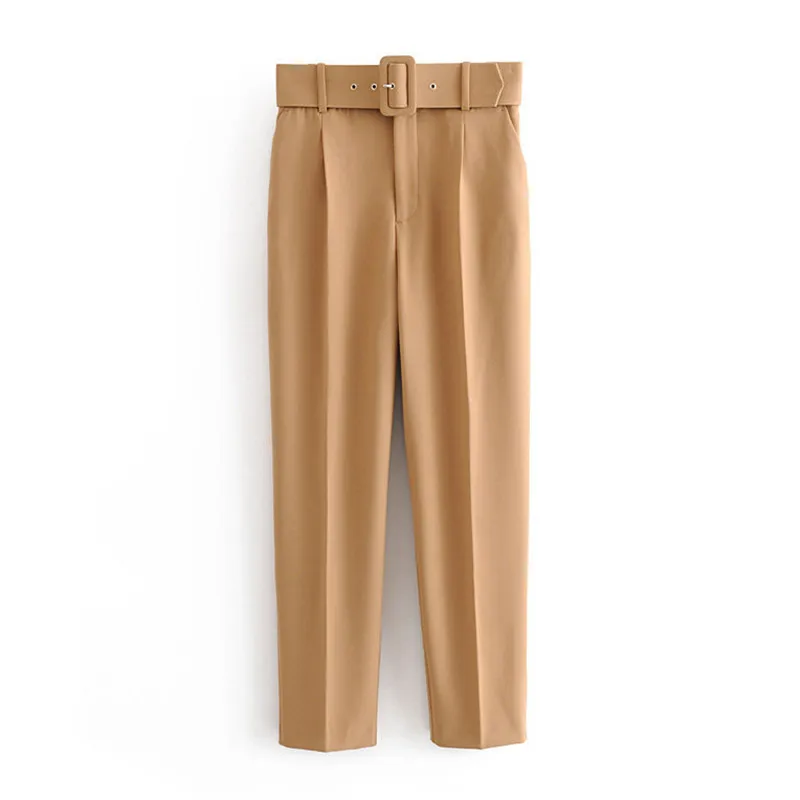 Khaki Офисные женские черные брюки с поясом, Женские однотонные длинные брюки с высокой талией, модные брюки с карманами - Цвет: Khaki