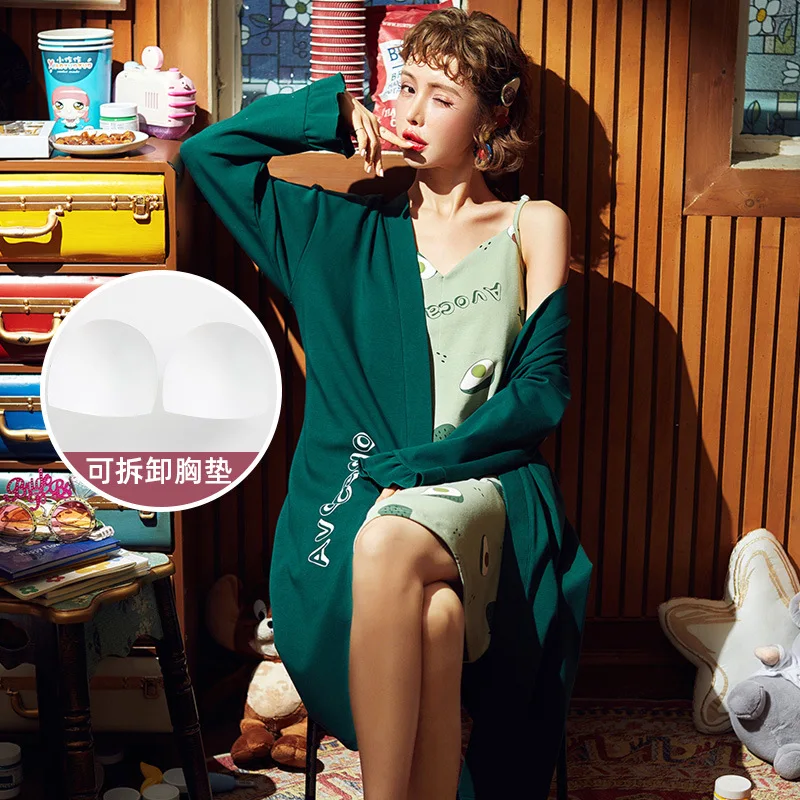 

Long Sleeve Women's Open-Front Pure Cotton Pajamas Trousers Women's Printed Piece Tracksuit-Outer Wear Simple Spring Clothing Wo