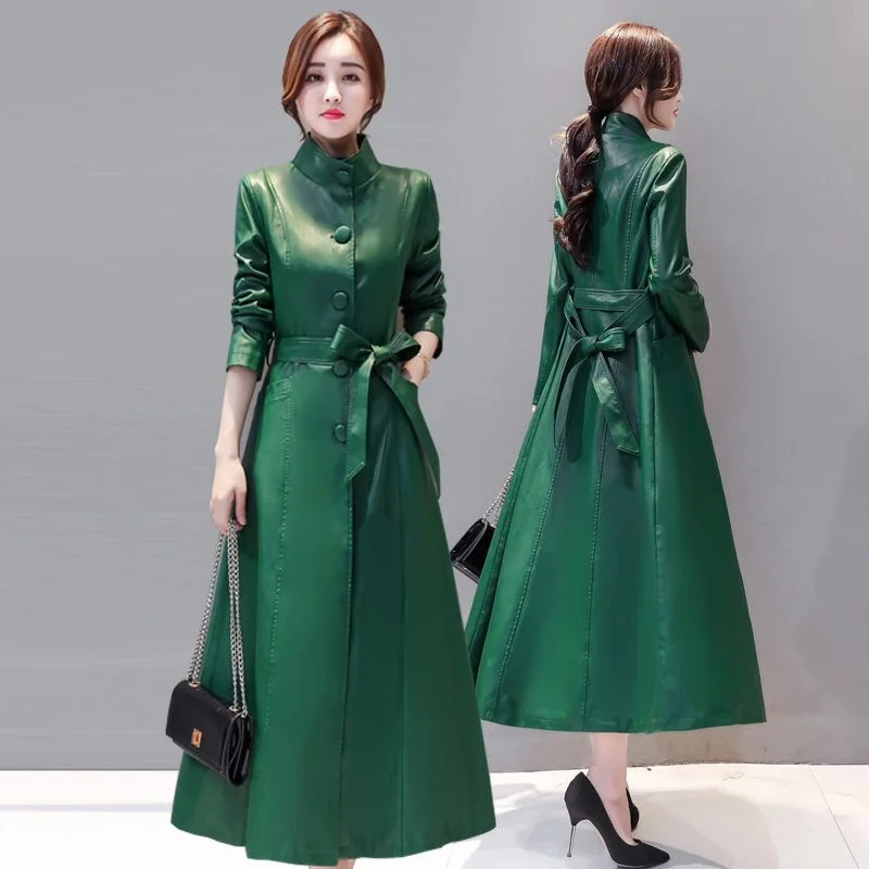 

2019 Spring Fall Women Slim Sash High Waisted Green Red Black Pu Leather Trench Coat , Autumn Womens Fashion 5xl Coats