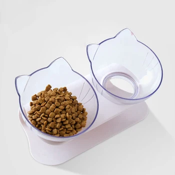 

Tilt Cat Ear Detachable Pet Bowl Transparent AS Material Non-slip Food Bowl With Protection Cervical Explosive Cat Double Bowl
