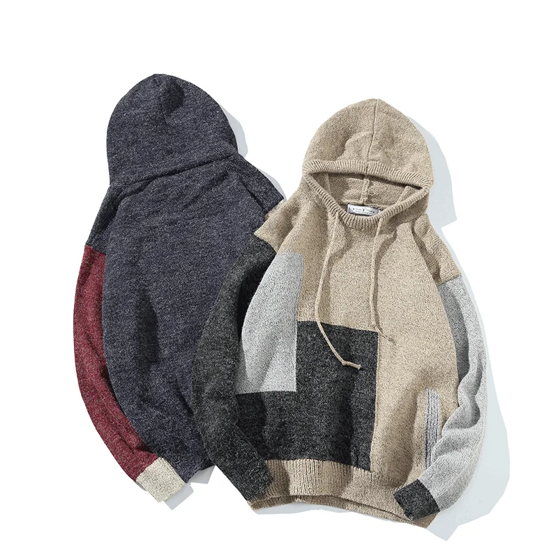 2019 New Autumn Western Street Stylish Pullovers Men's Color Patchwork Hooded Sweaters Kintted Casual Fashion Male Outerwear