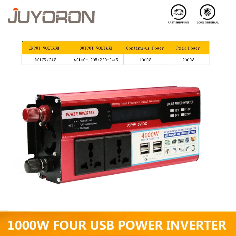 

1000W Four USB Watt DC 12V to AC 220V Portable Car Power Inverter Charger Converter Adapter DC 12 to AC 220 Modified Sine Wave