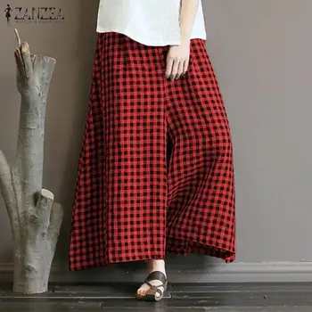 

Fashion Check Pants Women's Wide Leg Trouser ZANZEA 2020 Summer Casual Long Pantalon Female Elastic Waist Pants Plus Size Turnip
