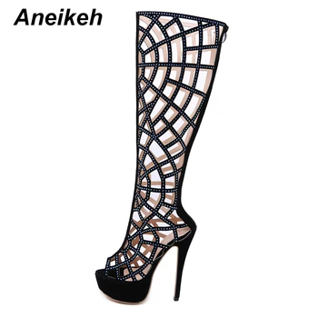 

Aneikeh 2019 Rome Sexy PU Women's Sandals Boots Platform Diamond Knee-high Thin High Heel Hollow Out Daily Dance Black Size35-42