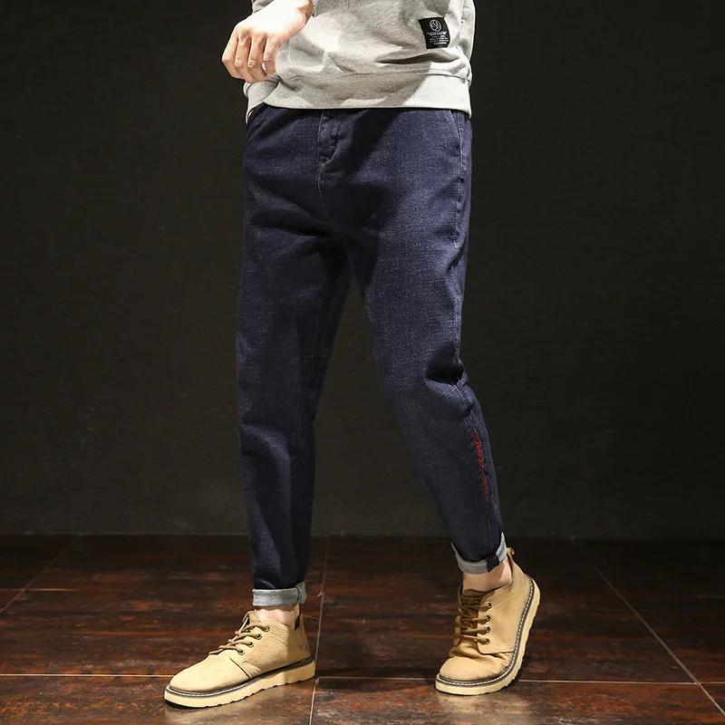 Модные однотонные Для мужчин джинсы Повседневное свободное до щиколотки Джинсовые штаны с карманами Джинсы Homme большой Размеры