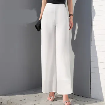 

2019 Women Casual Zipper Wide Leg Trousers Office Lady High Waist Pants Plus Size Solid Split Chiffon Pants