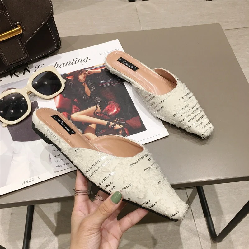 

Luxury Bling Mules Women Shoes Flat Heels Slippers Bling Square Toe Slides Mesh Slip on Loafers Black Green Beige Zapatos Mujer