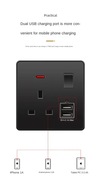 Depoguye 13A UK 146mm 86mm Socket 220V To USB Socket Electrical Wall Outlet with USB Charger Depoguye 13A UK 146mm*86mm Socket,220V To USB Socket, Electrical Wall Outlet with USB Charger, Black UK Standard Switch Panel