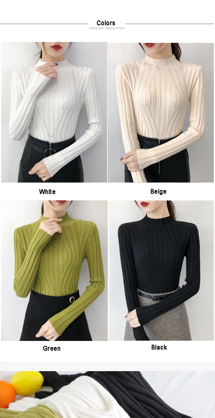 Autumn Winter Thick Sweater Women Knitted Ribbed Pullover Sweater Long Sleeve Turtleneck Slim Jumper Soft Warm Pull Femme