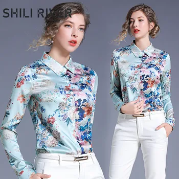 

2020 spring autumn runway designer tops for women long sleeve blouse slim casual print floral flower elegant lapel shirt blue
