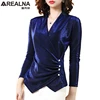 RoyalBlue Black Deep V-neck Shiny Blouse Women Fashion Long Sleeve Slim Glitter Office Shirt Beaded Plus Size Ladies Tops Blusas ► Photo 1/6
