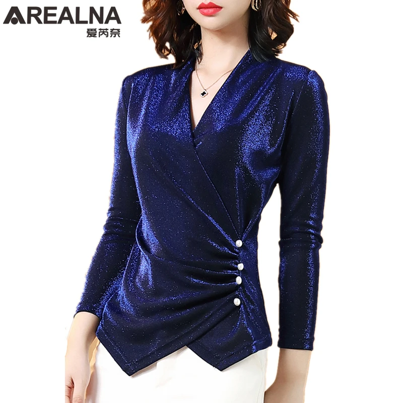 Женская блестящая блузка RoyalBlue черная облегающая офисная с длинным рукавом и