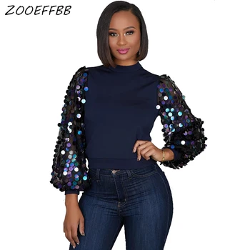 

ZKYZWX Turtle Neck T Shirt Women Fashion Tops Fall Winter Clothes Tshirts Streetwear Rave Sequin Lantern Sleeve Tees Shirt
