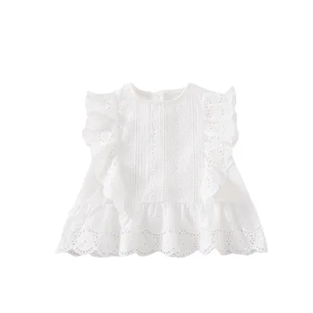 

Summer Girls Blouse Fashion Loose Hollow Shirt Children's Short Sleeve Lace Edge Shirt Girls Clothes
