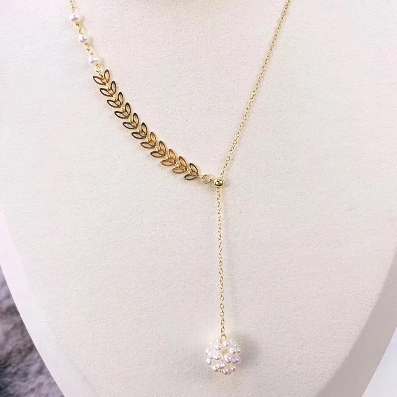 Europe And America Retro 14K Gold New Style Adjustable Wheat Necklace Creative Snowball Natural Freshwater Pearl Pendant Women's