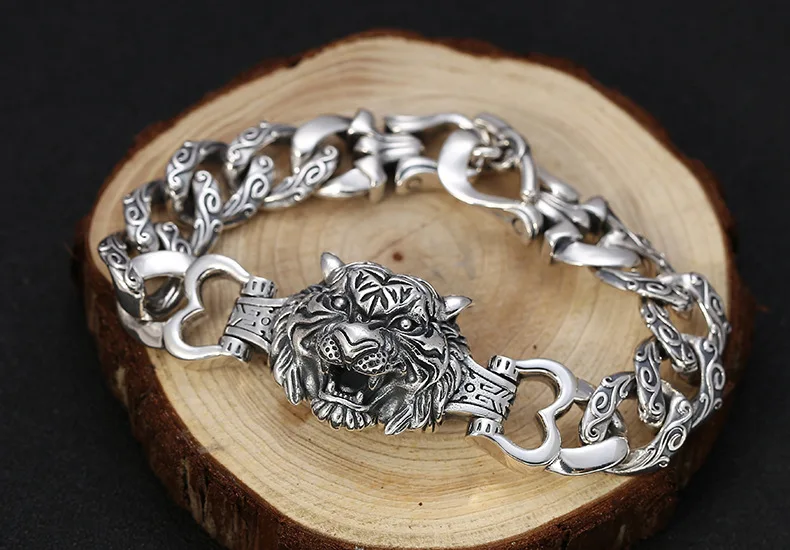 2021 New Heavyweight Real Solid Silver 925 bracelet for Man retro Rock Personality Punk Tiger Man Bracelet Fasion Jewellery
