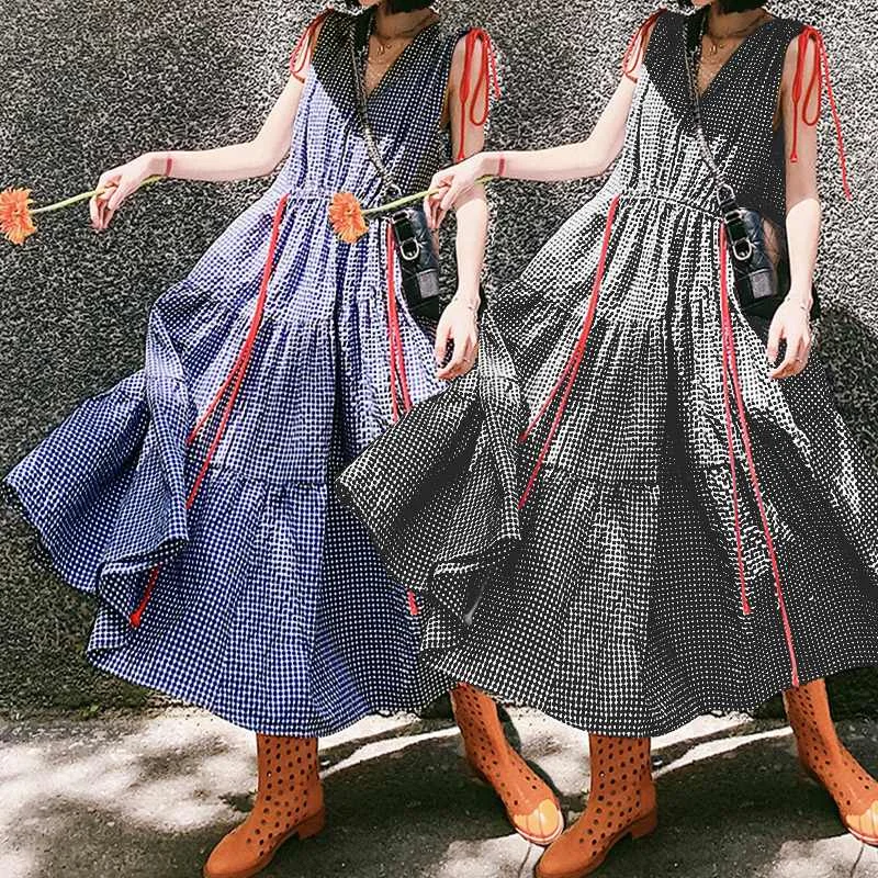 ZANZEA женское хлопковое льняное Длинное Макси платье в клетку без рукавов с оборками летний сарафан на шнурке vestidos robe 5XL