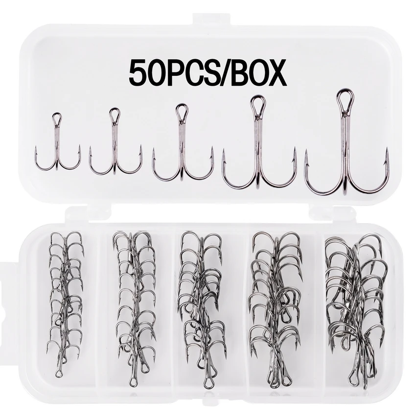 FANGBLUE 50Pcs Silver Barbed Treble Fishing Hooks 2/4/6/8/10