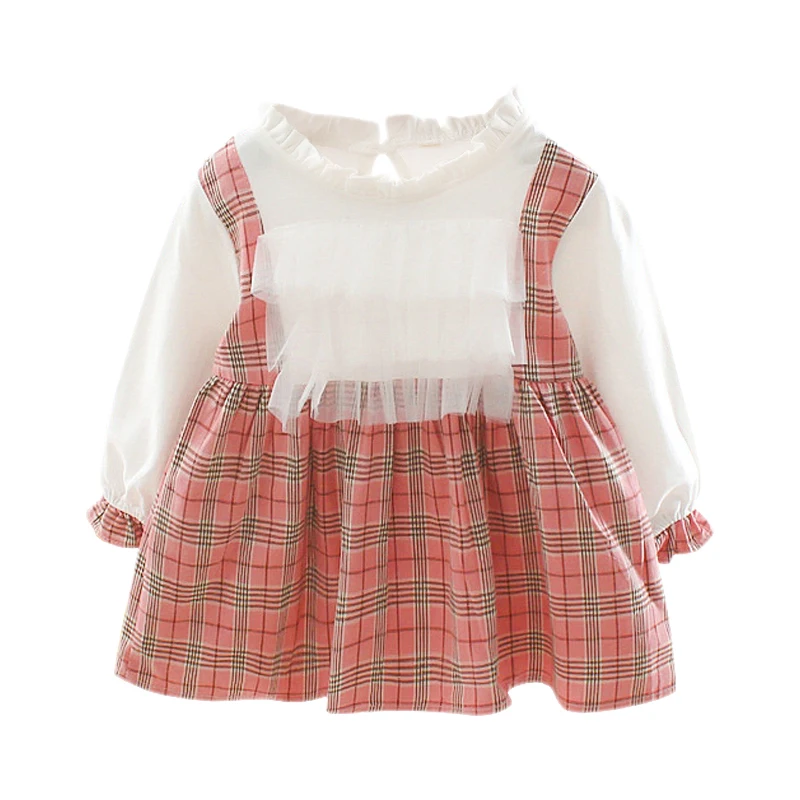 

Autumn New Baby Girl Dress 0-3T Lovely Toddler Girl Plaid Pattern Dress Fashion Cute Lace Stitching Fake Two-piece Dress #m
