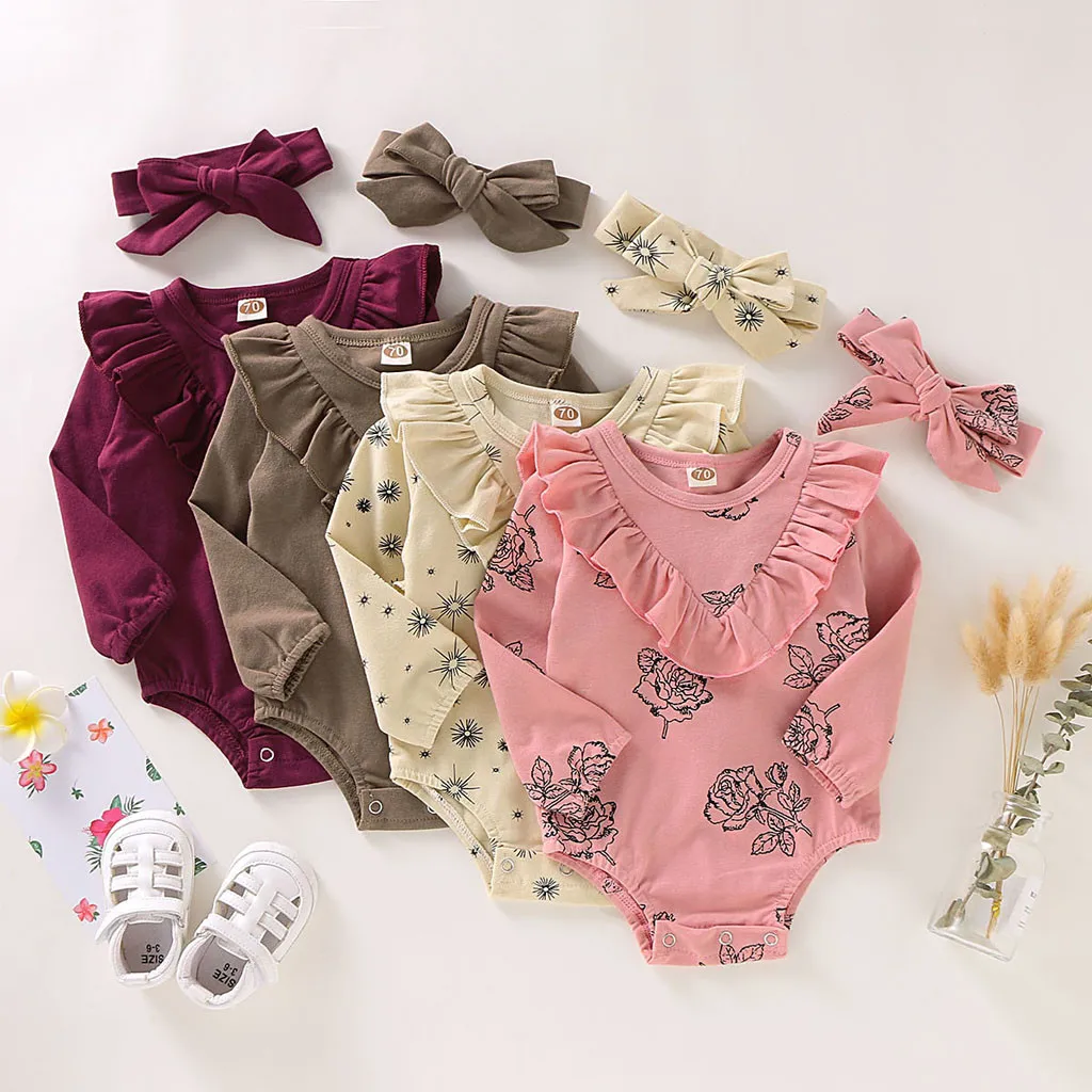 Боди для новорожденных; одежда с цветочным принтом для маленьких детей; хлопковая одежда с длинными рукавами для младенцев; комбинезон для детей 0-18 месяцев; повязка на голову; комплект одежды