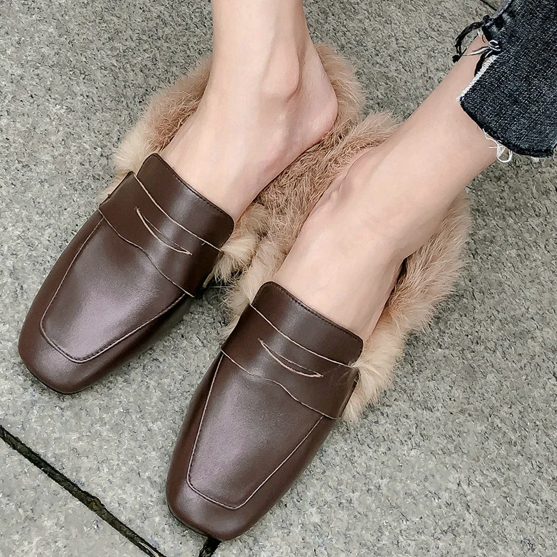 

EshtonShero Winter Shoes Woman Slippers PU Women Square High Heels Slip On Square Toe Fur Ladies Wedding Shoes Size 3-9