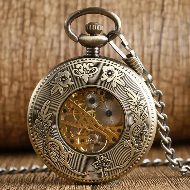 Bronze Hollow Fish Steampunk Hand-winding Mechanical Pocket Watch Pendant Fob Chain Clock for Women Men Gift Reloj De Bolsillo