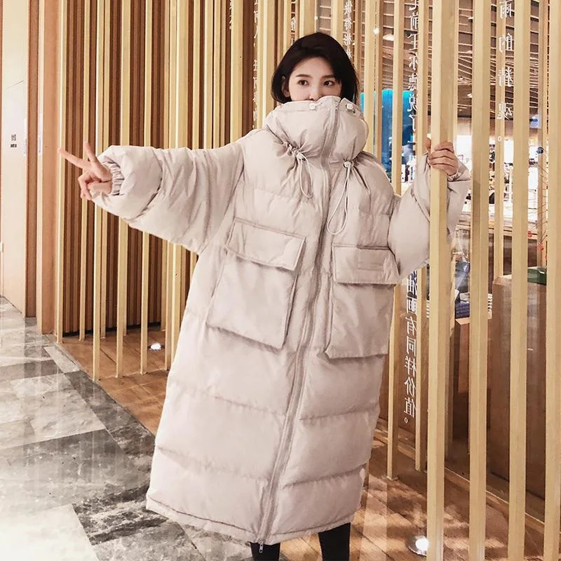

Photo Shoot Main Push Navy Large Pocket Loose-Fit Drawstring Bud Stand Collar Long Actor down Coat Women Coat