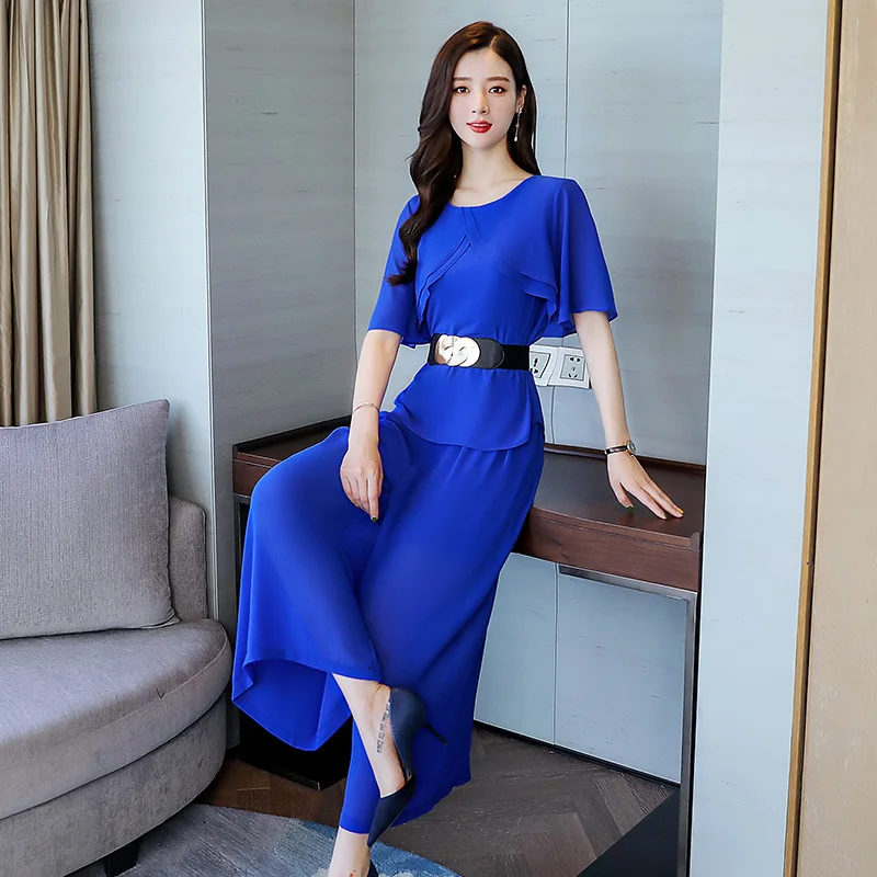 

Crew Neck 2019 Summer New Style Solid Color Tops with Casual Wide Leg Pants Capri Pants Set
