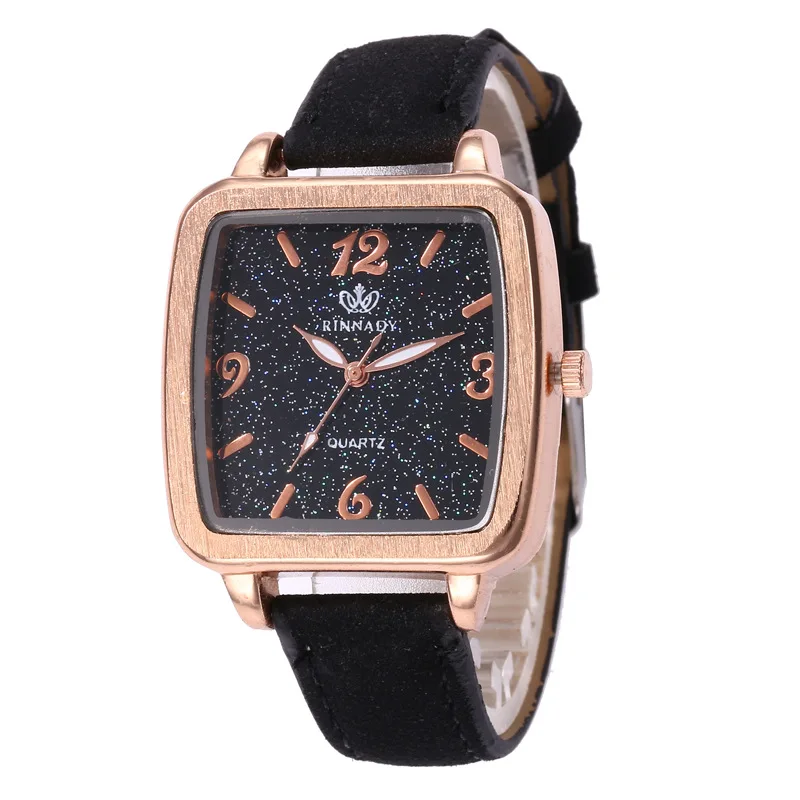

Hot Selling Matte Leather Belt Starry Ulzzang Square WOMEN'S Watch-Style Minimalist with Numbers Measuring Quartz Watch