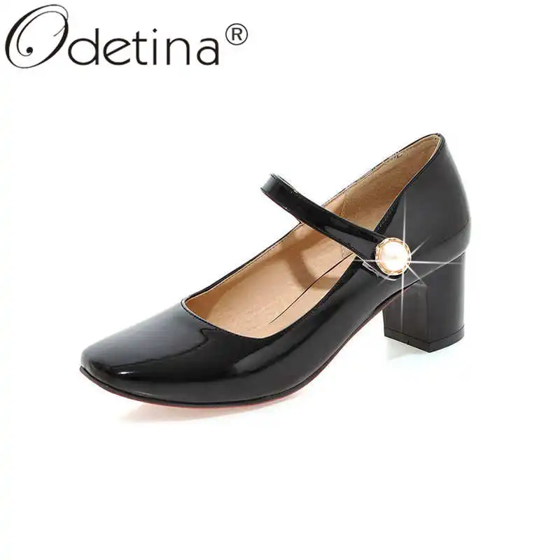 

Odetina Women Fashion Patent Leather Square Toe Crystal Mary Janes Shoes Female Retro Hook Loop Block Mid Heel New Casual Shoes