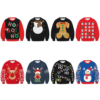 Kids Christmas Elk Digital Printing Warm Long Sleeve Crew Neck Hoodie Sweater