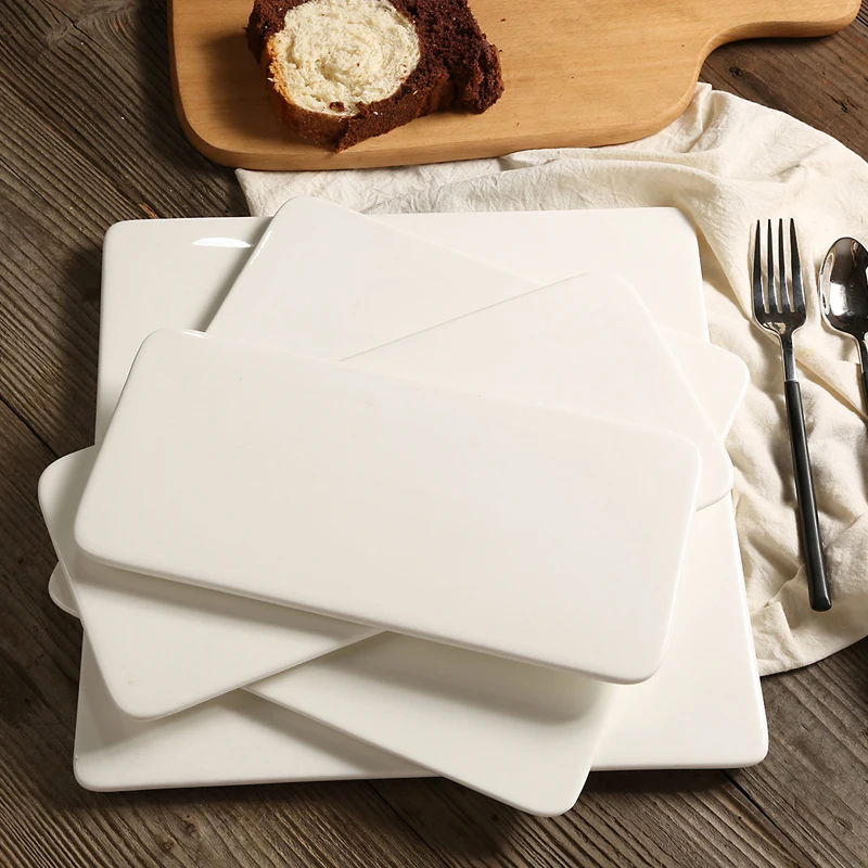 Pure White Rectangular Ceramic Plate 10 inch Creative Western Dinner Plate Sushi Cake Plate European Steak Plate Pasta Plate