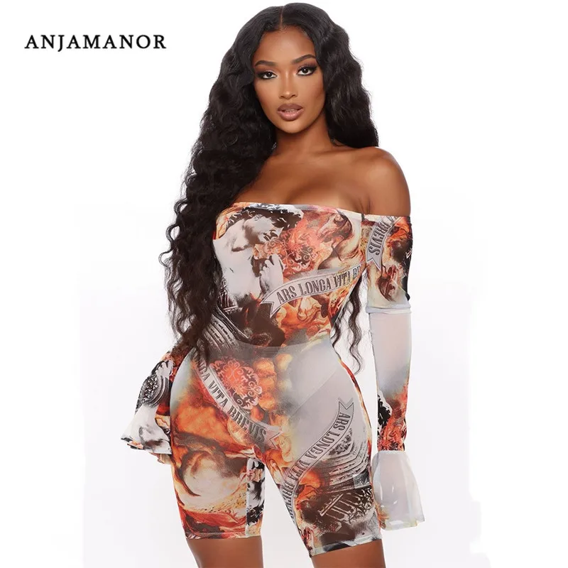 ANJAMANOR-Mono corto ajustado con hombros descubiertos y manga acampanada con estampado de malla transparente para mujer, ropa de discoteca para mujer, D74-CD18 2020