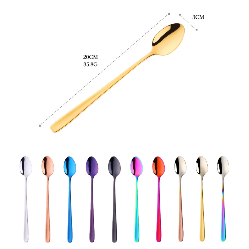 Long Handle Ice Spoons Stainless Steel Dessert Spoon Colorful Stirring Honey Tools Drinkware Coffee Party Restaurant 2Pcs stainless steel spoon