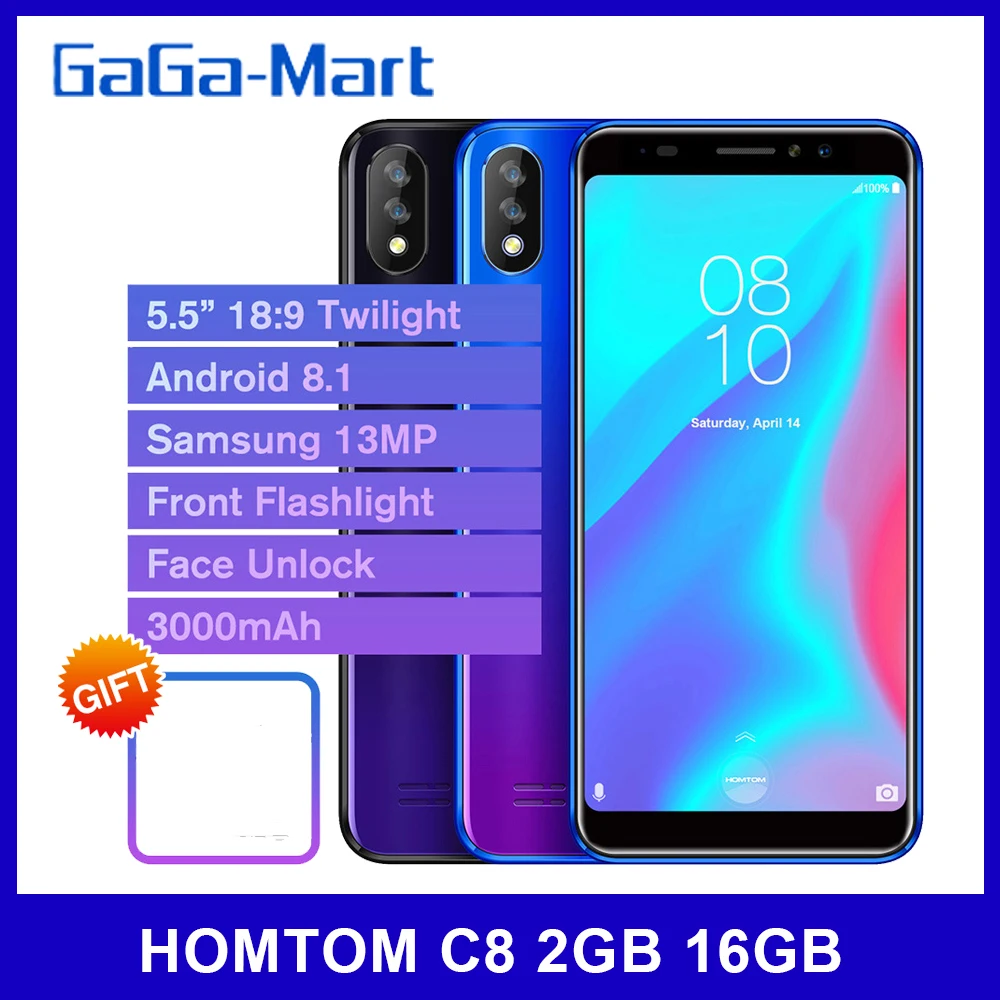 Смартфон HOMTOM C8 5 дюйма 18:9 Android 8 1 2 ГБ + 16 13 МП 3000 мАч отпечаток лица разблокированный