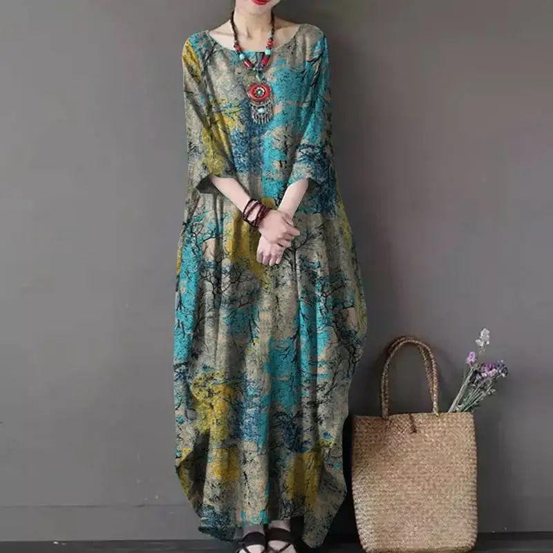 ZANZEA Vintage Printed Maxi Long Dress Women Sundress Casual Long Sleeve Kaftan Dresses Female Baggy Floral Vestidos Plus Size 7