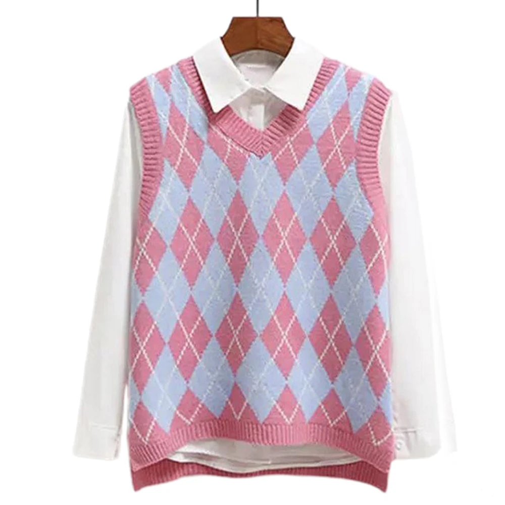Kawaii Pink Argyle Sweater Vest Women V Neck Cute Preppy Style Vintage  Aesthetic Y2k Fashion Knit Diamond Print College Sweaters - Sweater Vest -  AliExpress