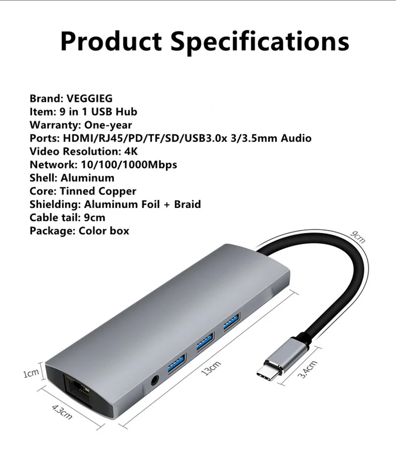 Veggieg USB C концентратор, 9 в 1 USB C адаптер с 4K HDMI, USB 3,0 порты, TF/SD кардридер, и PD для MacBook Pro //