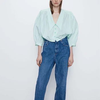 

Spring female loose shirt casual solid color pleated shirt decoration