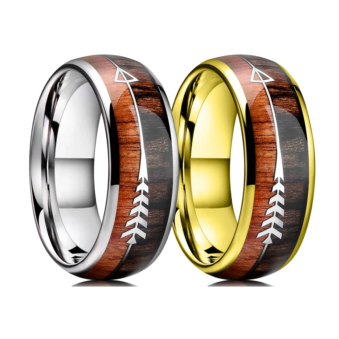 Fashion 8mm Gold Color Stainless Steel Rings For Men Women Inlaid Hawaiian Koa Wood Arrow Rings 